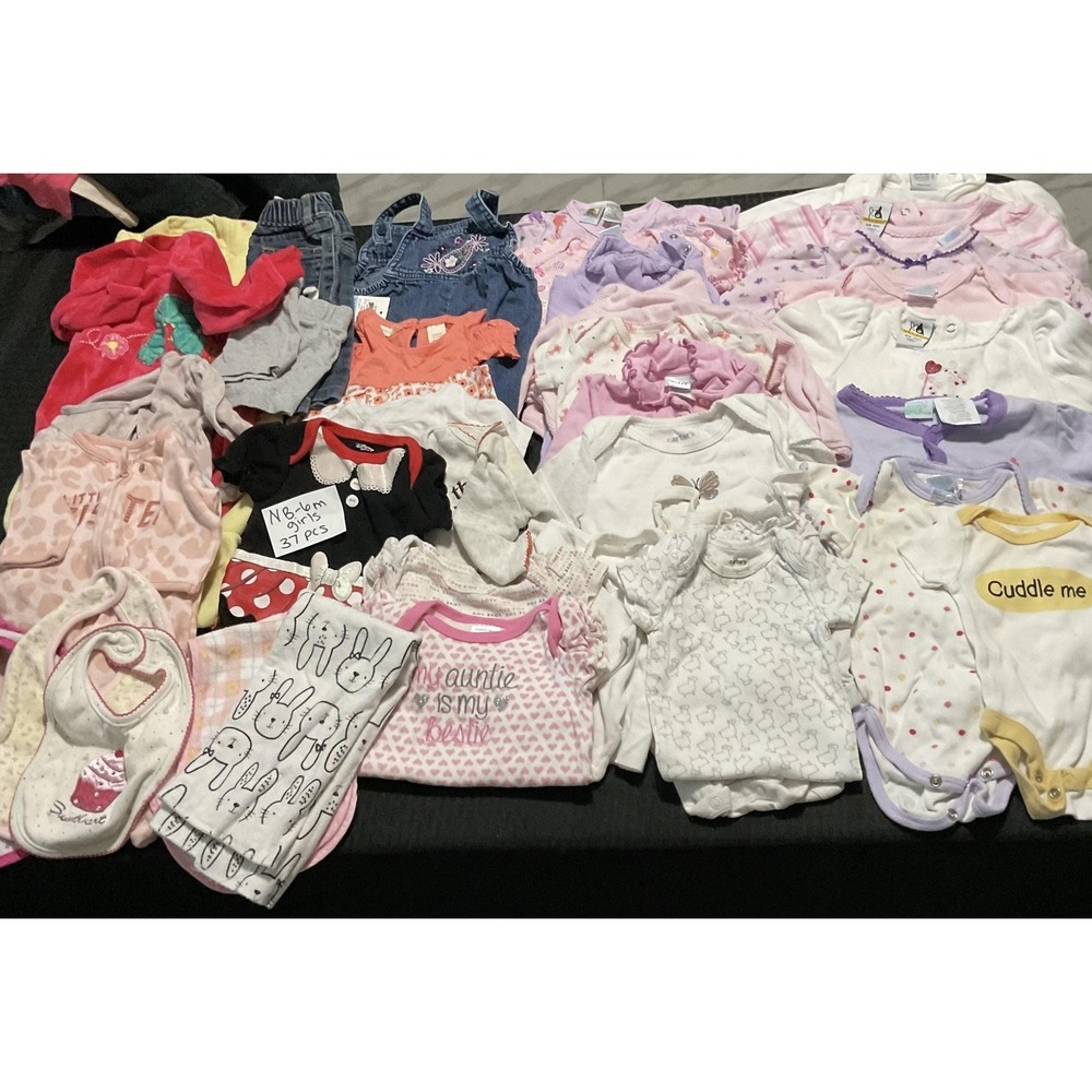 Mixed Brands 37pc Clothes Lot Girls NB-6M Multicolor Layette Bodysuits Sleepers